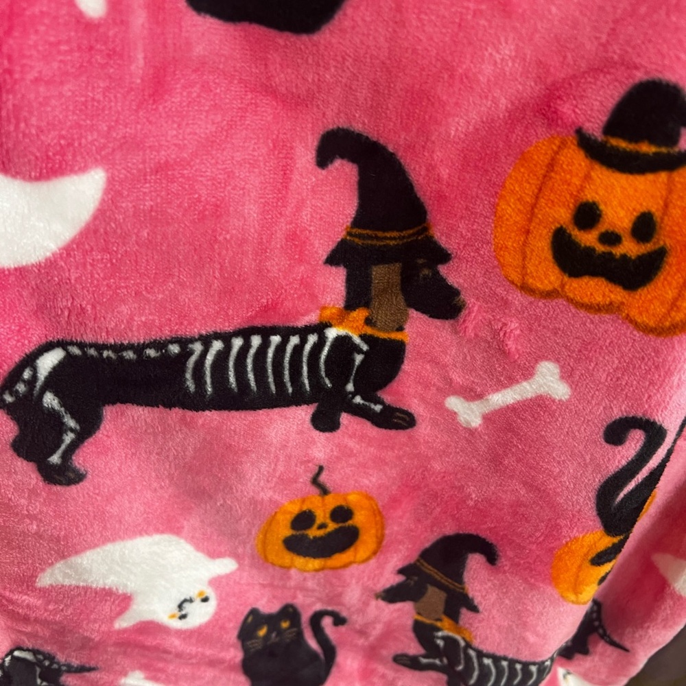 NEW Pink Halloween DACHSHUND OVERSIZED THROW Blanket with black Cats & Pumpkins